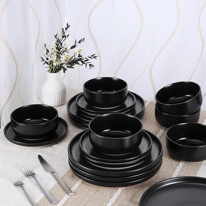 HaWare Stoneware Dinnerware Sets 18-Piece Plates and Bowls Set for 6 Dishes Set for Home Restaurant Frosting Black