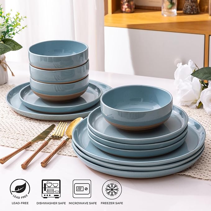 AmorArc Ceramic Dinnerware Sets for 8 24 Pieces Handpainted Plates and Bowls Set with Rustic Terracotta Underside Scratch Resistant Stoneware Dishes Set Dishwasher &amp Microwave Safe Stone Blue