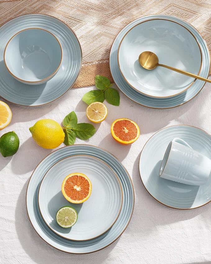 Famiware Jupiter Stoneware Dinnerware Sets Handcrafted Plates and Bowls with Embossed Swirl &amp Speckles Blue - Chip &amp Scratch Resistant Dishwasher &amp Microwave Safe Modern Dishes for 4 (1