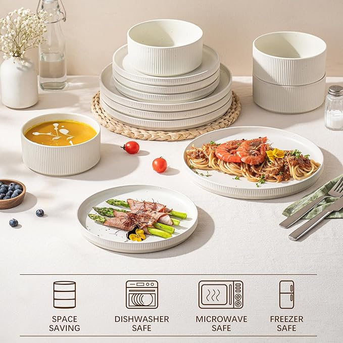 Ceramic Dinnerware Sets for 4-12 Piese Plates and Bowls Set Microwave and Dishwasher Safe Stoneware Ribbed Dishes and 22oz bowls Speckled White
