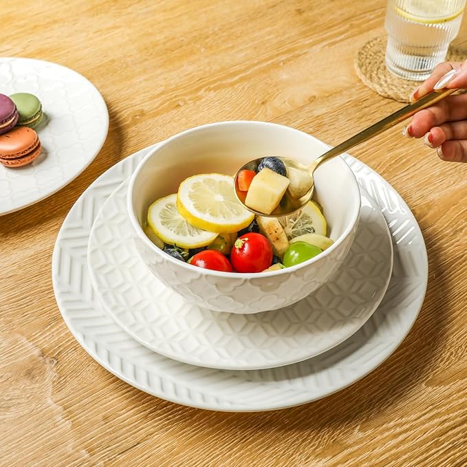 Sureasy Ceramic Dinnerware Sets for 6 18 Pieces Stoneware Plates and Bowls Sets Embossed Scratch Resistant Dinner Set Dishwasher&ampMicrowave Safe White