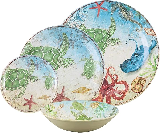 UPware 16 Piece Sea Turtle Melamine Dinnerware Sets Outdoor Dishes Set Plates and Bowls Sets Service for 4 Multicolor