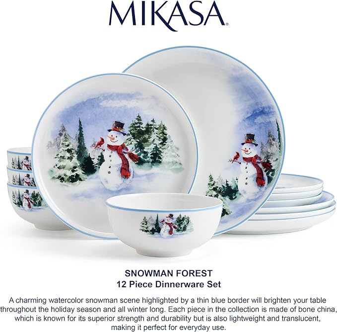 Mikasa Snowman Forest Chip Resistant 12 Piece Dinnerware Set Service for 4