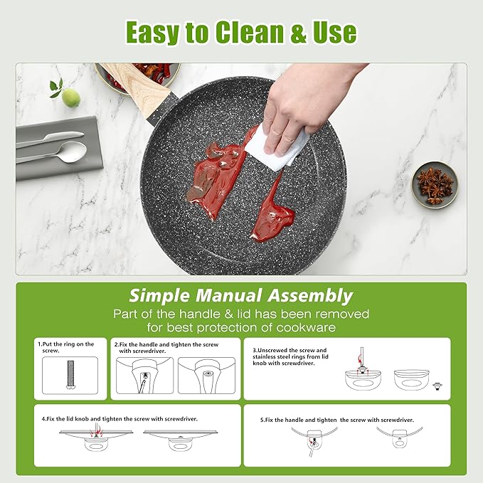 VOTTGO 31 Pcs Pots and Pans Set Non Stick Black Granite Induction Cookware Set Non Toxic Healthy RV Kitchen Cooking Set with Silicone Tools and Pot Protectors PFOA PFOS PFAS Free