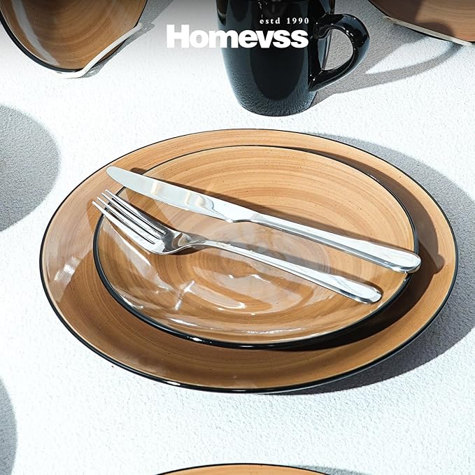 Sonoma 16pc Stoneware Dinnerware Set Outside Black + Inside Hand Painting Color Mocha