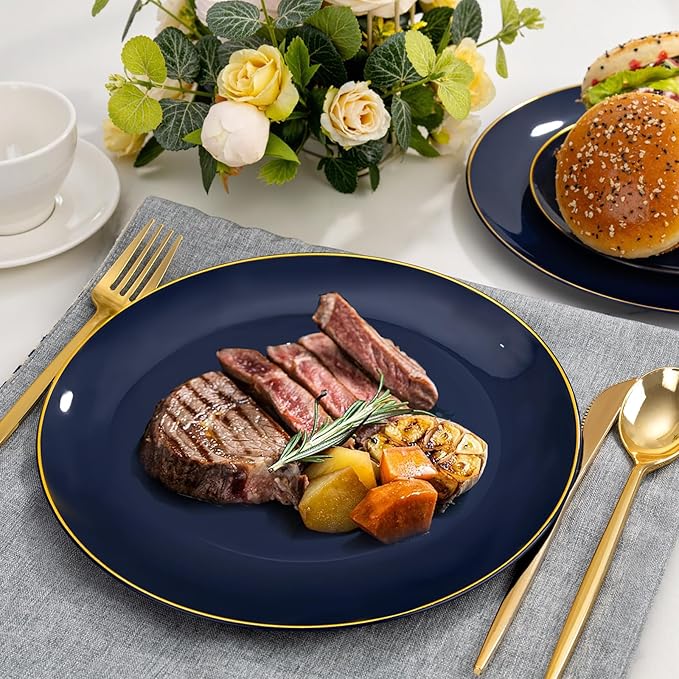 bUCLA 150PCS Blue and Gold Plastic Plates - 25 Guests Navy Blue Plastic Dinnerware Disposable for Party and Passover - Include 25 Dinner/Dessert Plates 25 Knives 25 Forks 25 Spoons 25 Cups