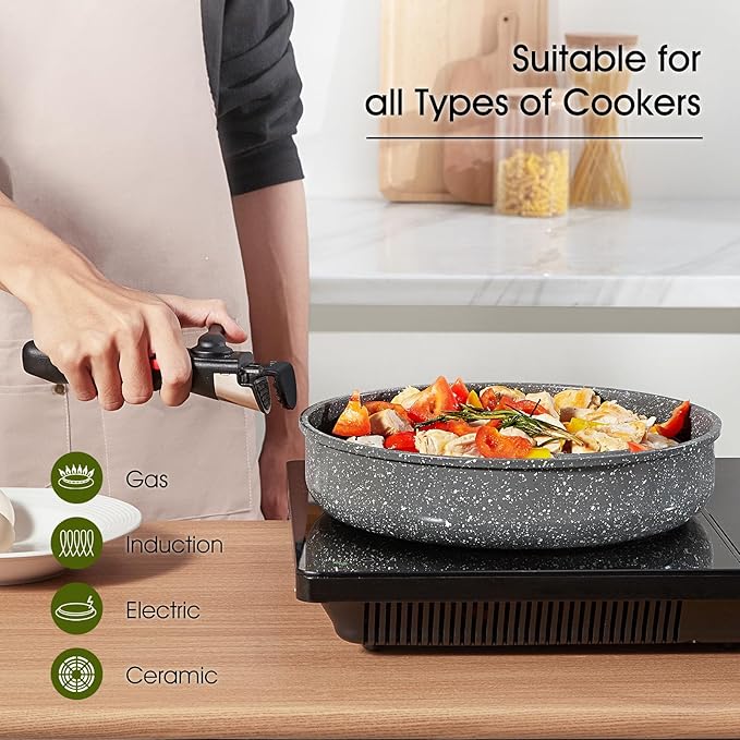 ROSSETTO 7pcs Pots and Pans Set Non Stick from France Ceramic Cookware Set with Removable Handle Induction RV Kitchen Cookware Set Stackable PFOA and PFAS Free Oven Safe Black Granite