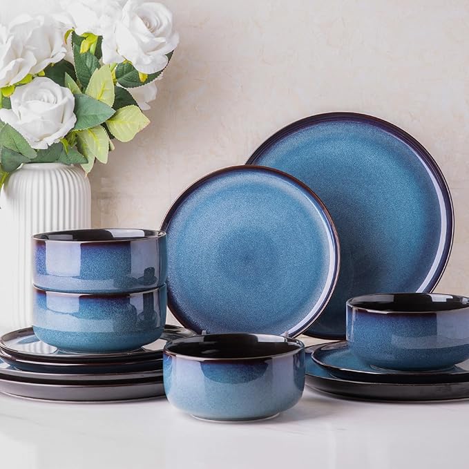 LeRatio Ceramic Dinnerware Sets for 4Porcelain Plates and Bowls SetsHandmade Reactive Glaze Dishes SetChip Resistant and Scratch Resistant | Oven&ampDishwasher &amp Microwave SafeService for 4-B