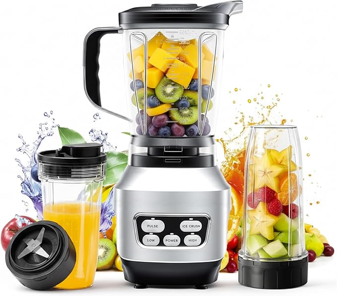 Simple Deluxe Smoothie Blender 1200W Powerful Countertop Blenders for Kitchen 60 oz Capacity Blender for Smoothies with BPA-Free Portable Cups Ice Crushing Juices Shakes and Sauces Silver