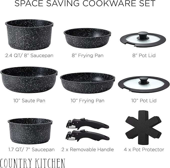 Country Kitchen Cookware Bundle- Cookware Set with Removable Hanldes and 8 Essential Kitchen Utensils for Cooking and Baking
