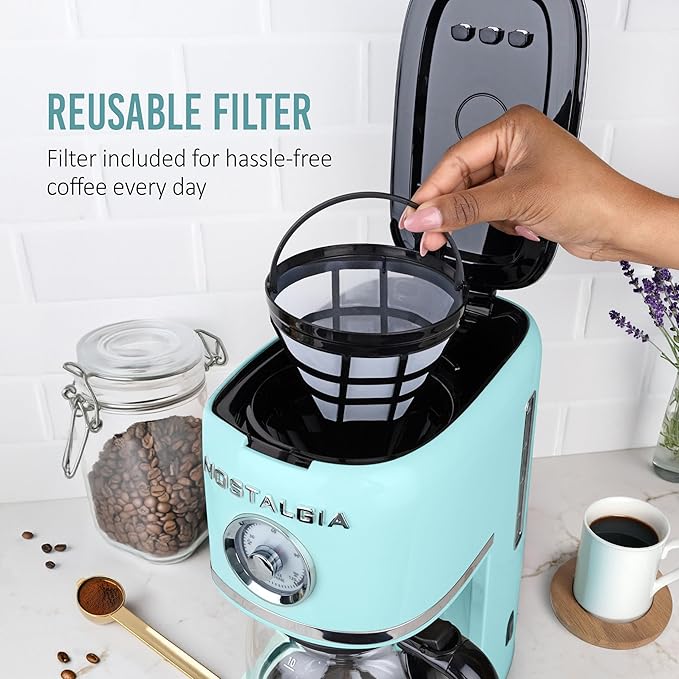 Nostalgia Classic Retro 10 Cup Coffee Maker - One-Touch Drip Brew Reusable Filter - Anti-Drip Auto Shutoff &amp Time Display - Dishwasher Safe 50 oz Carafe - Aqua