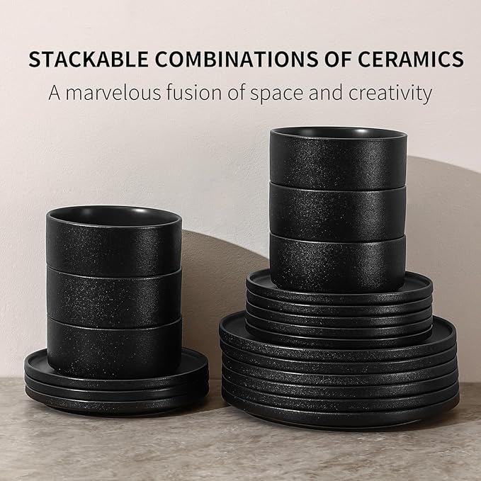 GZG Classic Series - Plates and Bowls Set for 2 6 Piece Stoneware Dinnerware Sets Microwave and Dishwasher Safe Lead-Free Handcrafted Ceramic Dishes Set - Frosted Matte Black