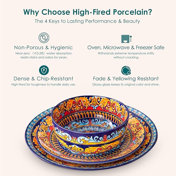 vancasso Plates and Bowls Sets12-Piece Porcelain Dinnerware Set Service for 4 Bohemian Style Dishes Set for 4 Kitchen Dinner Set Microwave and Dishwasher Safe Scratch Resistant Series KRVI