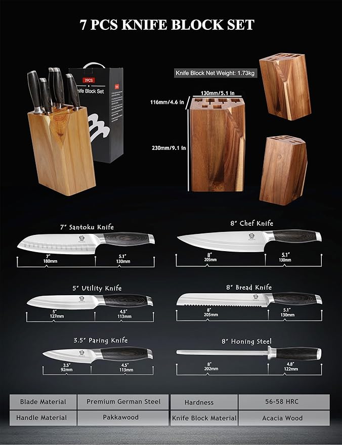 WILDMOK Knife Set 7 Piece Kitchen Knife Set with Block Wooden German Stainless Steel Sharp Chef Knife Set with Sharpener