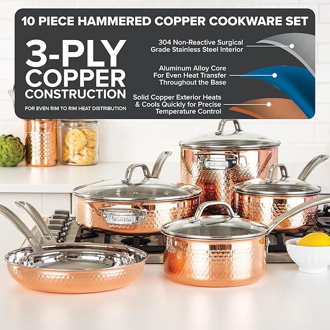 Viking 3-Ply Pots and Pans Set 10 Piece Copper Kitchen Cookware with Glass Lids Hammered Copper