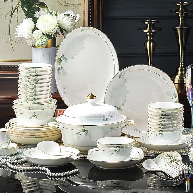 Bone China Dinner Set Porcelain White Dinnerware Kitchen Dinning Round Tableware Combination Set with Cereal Bowls Dessert Plates and Soup Plates (58 Pieces Service for 8 People)