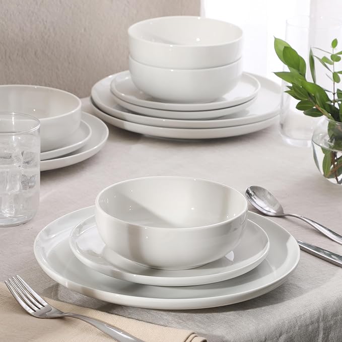 Gibson Home Havenstone 12-Piece Porcelain Dinnerware Set – Dinner Plates Salad Plates &amp Bowls Classic White Everyday Dish Set for Home Kitchen Microwave &amp Dishwasher Safe