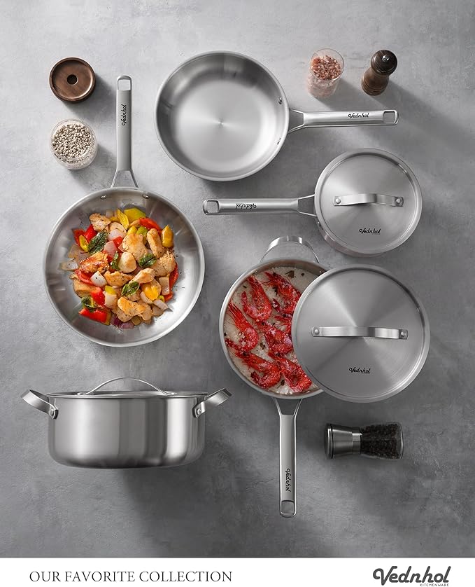 Stainless Steel Cookware Set 14 Pcs Tir-Ply Pots and Pans Set PFOA&ampPTFE Free Dishwasher&ampOven Safe Kitchen Induction Compatible ollas de acero inoxidable para cocinar