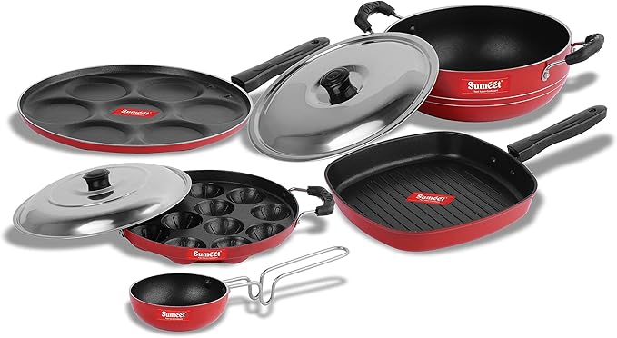 Sumeet 2.6mm Thick Non-Stick Red Wave Cookware set (Multi snack maker – 26.5cm Dia + Kadhai With Lid – 1.5Ltr + Grill Appam Patra With Lid – 23cm Dia + Grill Pan – 1.1Ltr + Tadka Pan – 10cm Dia)