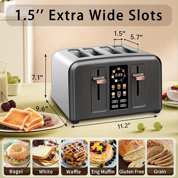SEEDEEM Toaster 4 Slice Stainless Toaster &amp Touch Control LCD Display 6 Bread Type 7 Shade Settings 1.5'' Wide Slots Cancel/Defrost/Reheat Removable Crumb Tray 1800W Dark Metallic