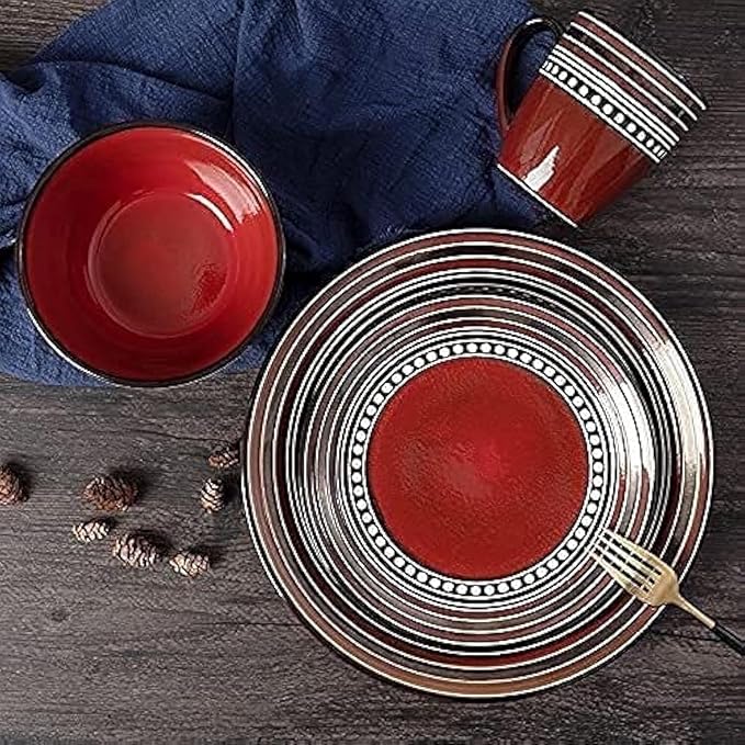 Elegant Dinnerware Set Dinner Plates Bowls Set 4-Piece Dinnerware Sets Retro Porcelain Tableware Set with Plates Bowls and Mugs Red Ceramic Dinner Set for Home Kitchen &amp Dining