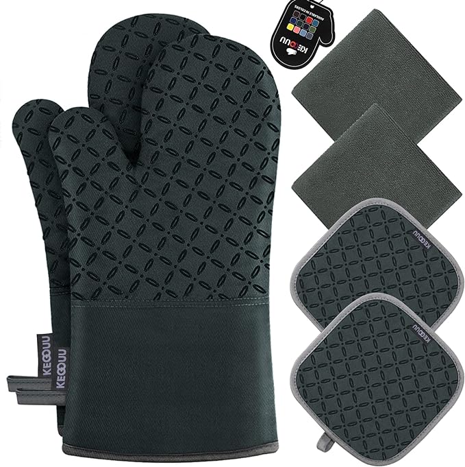 KEGOUU Oven Mitts and Pot Holders 6pcs Set Kitchen Oven Glove High Heat Resistant 500 Degree Extra Long Oven Mitts and Potholder with Non-Slip Silicone Surface for Cooking (Deep Green)
