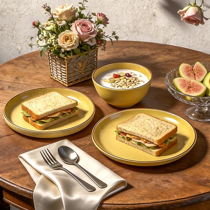 HomeVSS 20-Piece Dinnerware Set - Serves 4 Bright Glaze Yellow plates and bowls sets with Speckle Effect for Microwave &amp Dishwasher Safe