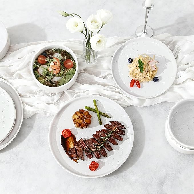 GZG Modern Art Series - 18 Pcs Speckled Stoneware Plates and Bowls Sets Ceramic Dinnerware Set with Rustic Terracotta Underside Microwave and Dishwasher Safe Handcrafted Dishes Set - Porcelain White