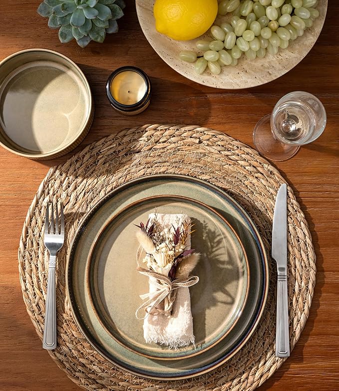 GBHOME Stoneware Dinnerware Sets for 4 12 Pieces Ceramic Ribbed Plates and Bowls Set Reactive Glaze Stackable Plate Sets Scratch Resistant Dishes Microwave &amp Dishwasher Safe Linen