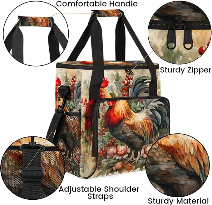Farmhouse Rooster Coffee Maker Travel Bag for Keurig K-Mini/K-Mini Plus Insulated Waterproof Tote with Pockets for K-Cup Portable Single-Serve Brewer Case