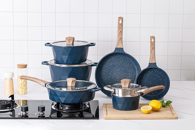 Country Kitchen Non-Stick Cast Aluminum Cookware Set - Durable Kitchen Cookware for Everyday Cooking Navy Diamond 11 Pc.