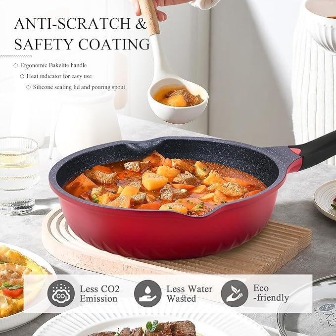 Vinchef Nonstick Skillet with Lid 11In/5Qt Aluminum Deep Frying Pan with Lid and Heat Indicator Anti Scratch and Anti Stain Deep Saute Pan Induction Compatible