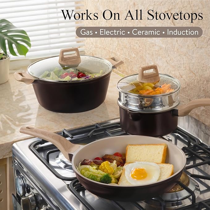 CAROTE 21 PCS Ceramic Cookware Set Pots and Pans Set Non Stick Pot and Pan Set with Frying Pan Induction Ready Cooking Set for Kitchen PFOS/PFOA/PFAS Free Brown