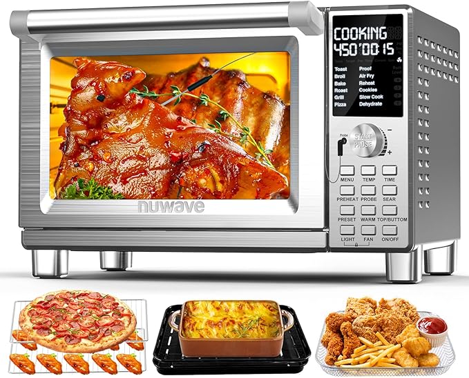Nuwave Bravo Pro Smart Toaster Oven Countertop True Air Fryer Combo w/Improved 100% Convection 35% Crispier 112 Presets Customizable Pizza Zones Integrated Probe PFAS Free 30QT Stainless Steel