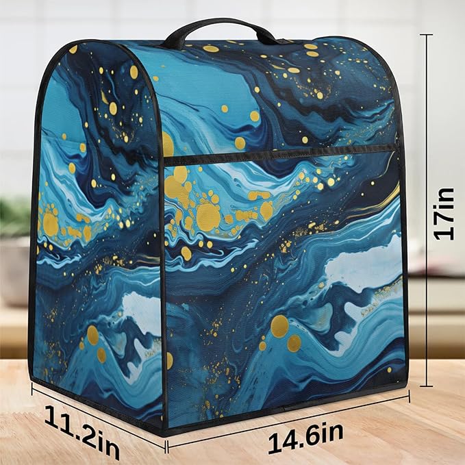 Kitchen Aid Mixer Cover Blue Marble Gold Stand Mixer Cover Compatible with 6-8 Quarts Stand Mixers Dust Covers with Zipper Pocket Foldable Washable Kitchen Aid Organizer Bag
