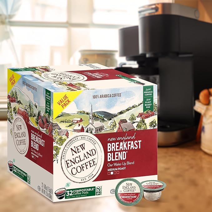 New England Coffee Breakfast Blend Medium Roast Single Serve Pods 32ct Box (Pack of 4)