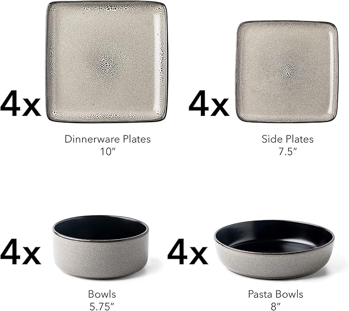 FLACKAR Square Stoneware 16pc Double Bowl Dinnerware Set for 4 Dinner Plates Side Plates Cereal Bowls Pasta Bowls - Reactive Glaze Grey (476076)