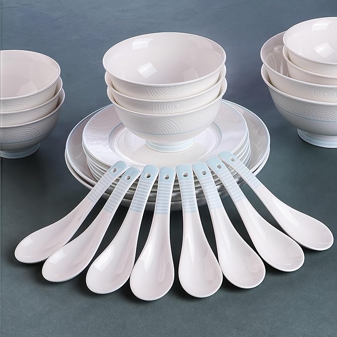 Fine Bone China Dinnerware SetPorcelain&ampCeramic Dinnerware SetsBone Stoneware &amp Ceramic Cookware Tableware Set Includes Dinner Plates|Spoons|Pasta Bowls|Soup Pot|Chopsticks (30PCS * 6-Person