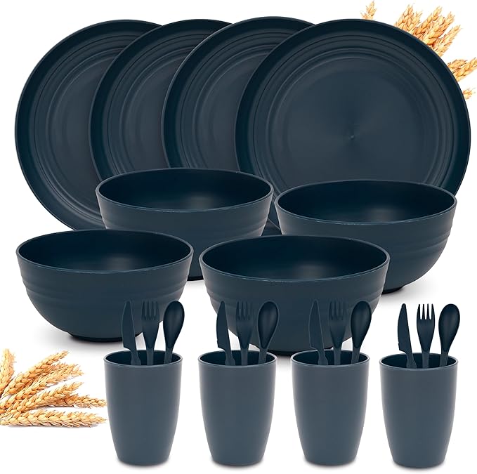 Wheat Straw Dinnerware Sets for 4 - KFT Lightweight &amp Unbreakable Dishes Microwave &amp Dishwasher Safe Perfect for Camping Picnic RV Dorm Plates Cups and Bowls (Blue 24pc)