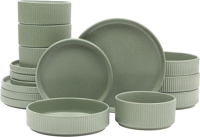 Gibson Elite Deerfield 16-Piece Stoneware Dinnerware Set – Matte Green Stackable Plates and Bowls Reactive Glaze Finish Service for 4 – Microwave &amp Dishwasher Safe