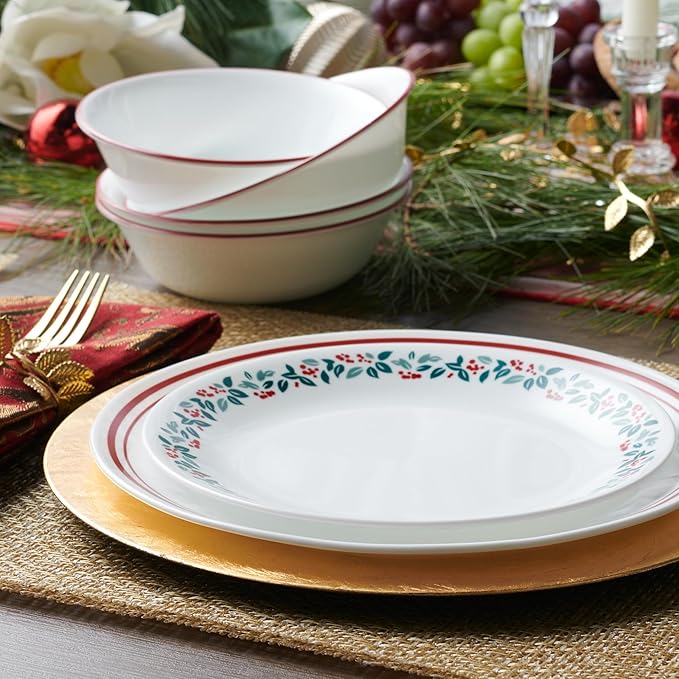 Corelle Vitrelle 18-Piece Christmas Service for 6 Dinnerware Set Triple Layer Glass and Chip Resistant Lightweight Round Holiday Plates and Bowls Set Winter Berries
