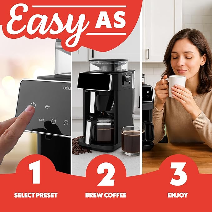 Gourmia 10 Cup Grind &amp Brew Coffee Maker - Built-In Burr Grinder 3 Brew Strengths Programmable Digital Display Pause &amp Serve Keep Warm Auto Shut Off Black