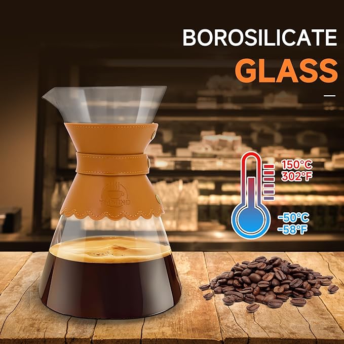 34oz Pour Over Coffee Maker with Double Layer Stainless Steel Filter Borosilicate Glass Dripper Detachable Heat-Resistant Leather Pad 7-8 Cups Coffee Maker Carafe（Light brown）
