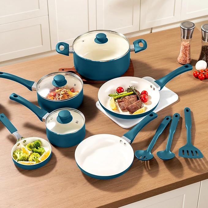 12-Piece Blue Ceramic Cookware Set Non-Stick Pots and Pans Set with Aluminum Body &amp Riveted Handles Complete Kitchen Cookware Collection for All Stovetops Except Induction