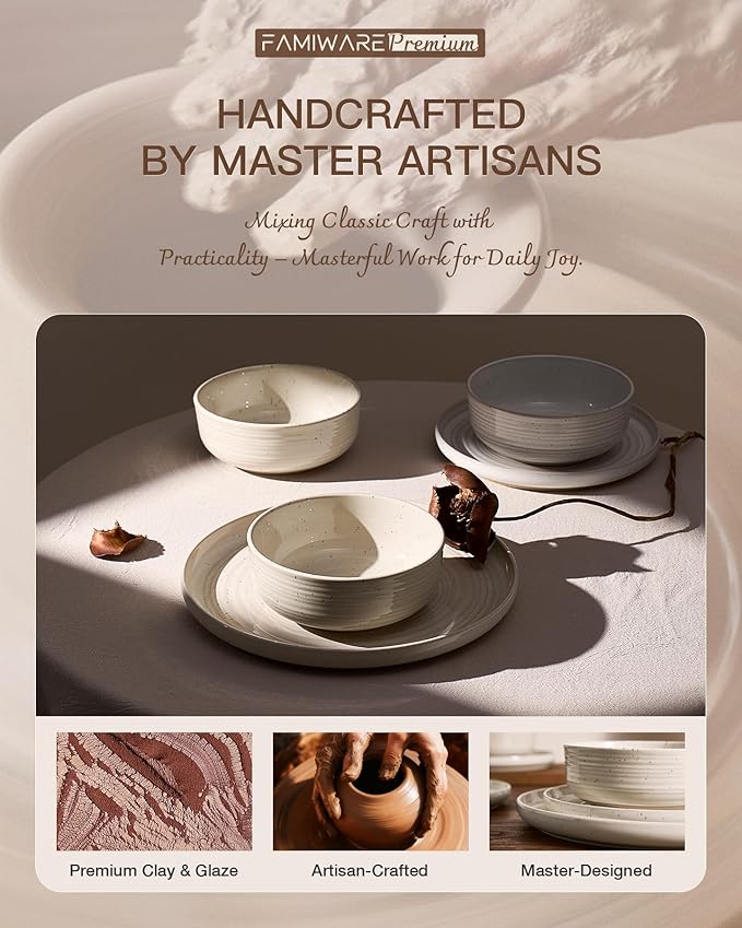 Stoneware Dinnerware Set Highly Chip and Scratch Resistant Everyday Plates and Bowls for 8 (24pcs) Reactive Glaze Speckled Ceramic Flared Dishes with Gift Box Microwave Dishwasher Safe Shell Beige