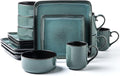 FLACKAR Square Stoneware Dinnerware Set for 4 Dinner Plates Side Plates Cereal Bowls Mugs - Reactive Glaze Turquoise (497248) 16 Count (Pack of 1)