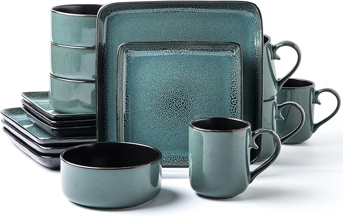 FLACKAR Square Stoneware Dinnerware Set for 4 Dinner Plates Side Plates Cereal Bowls Mugs - Reactive Glaze Turquoise (497248) 16 Count (Pack of 1)