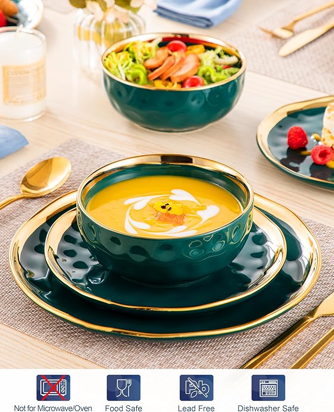 LOVECASA 12 Pieces Plates and Bowls Sets Porcelain Green and Gold Dinnerware Sets Round Dinner Plates Dishes Set Service for 4 Dishwasher Safe and Scratch Resistant Green