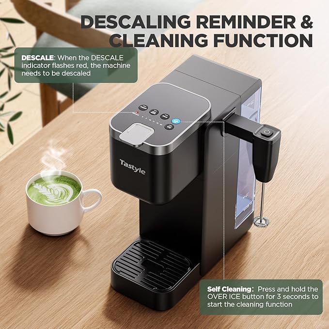 Single Serve Coffee Maker with Built-in Detachable Milk Frother Iced and Hot Coffee Machine for K Cup &amp Grounds 40oz Removable Water Reservoir 6 Cup Sizes Fits 7.3 Travel Mug Black