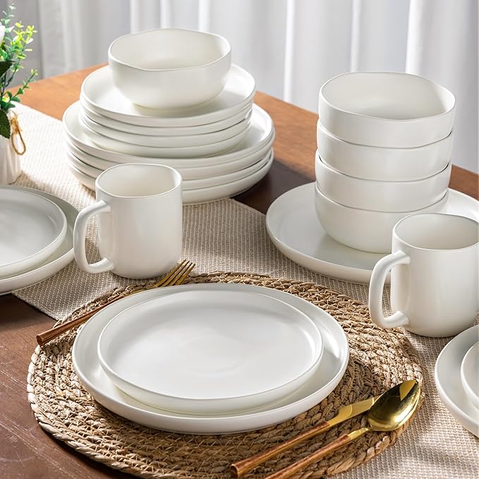 AmorArc Ceramic Dinnerware Sets Wavy Rim Stoneware Plates and Bowls SetsDishwasher &amp Microwave &amp Oven Safe Dishes set Service for 6 (18pc)-Matte White